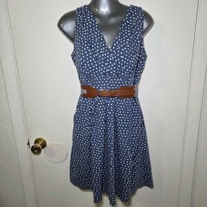 Corey P Polka Dot Dress Blue White Fit Flare Belted Retro Size 10